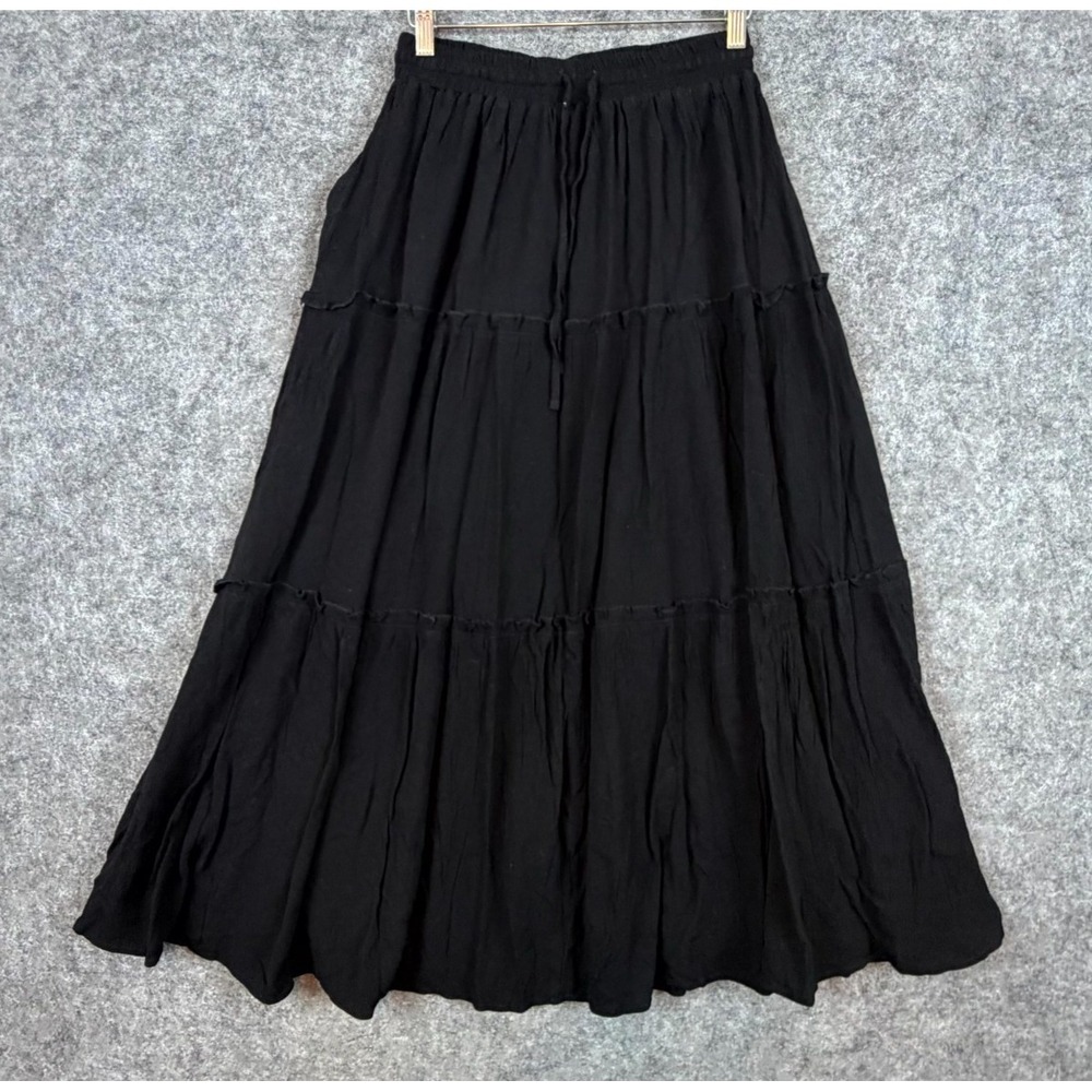Final Touch Tiered Maxi Skirt Womes Small Black Drawstring Waist Beach Casual